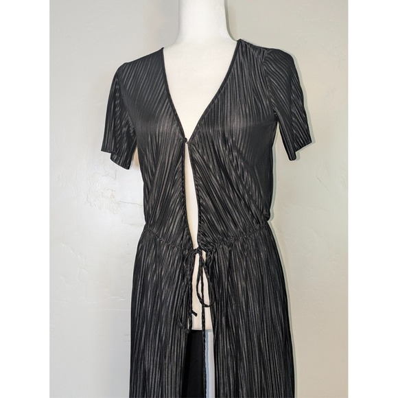 Lush Maxi Dress Small Black Pleated‎ Short Sleeve Tie Front Ribbed Shiny Lined - Picture 6 of 6